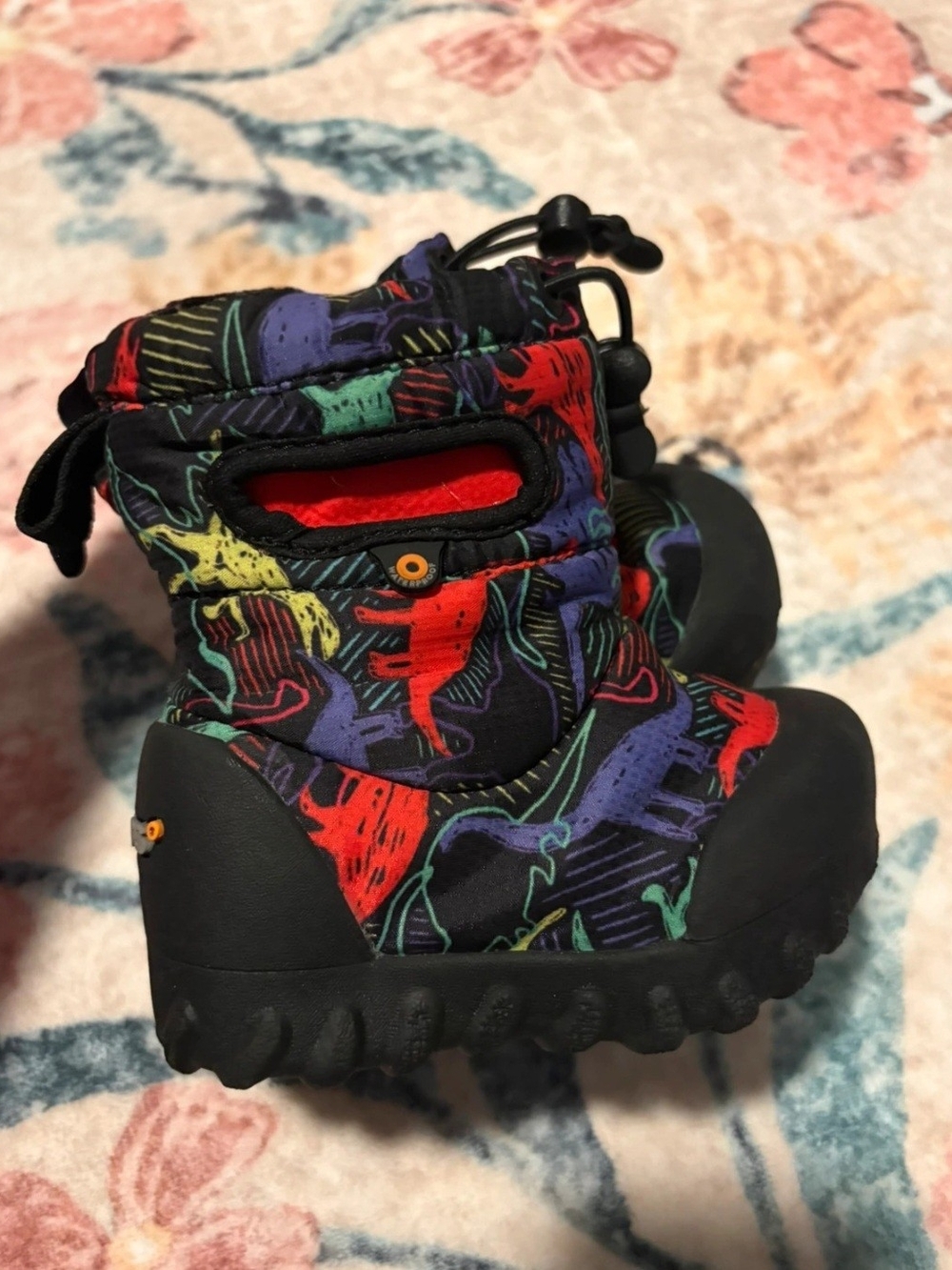 Baby Bogs Black Winter Boots with Red, Purple, Green & Yellow Dino Print